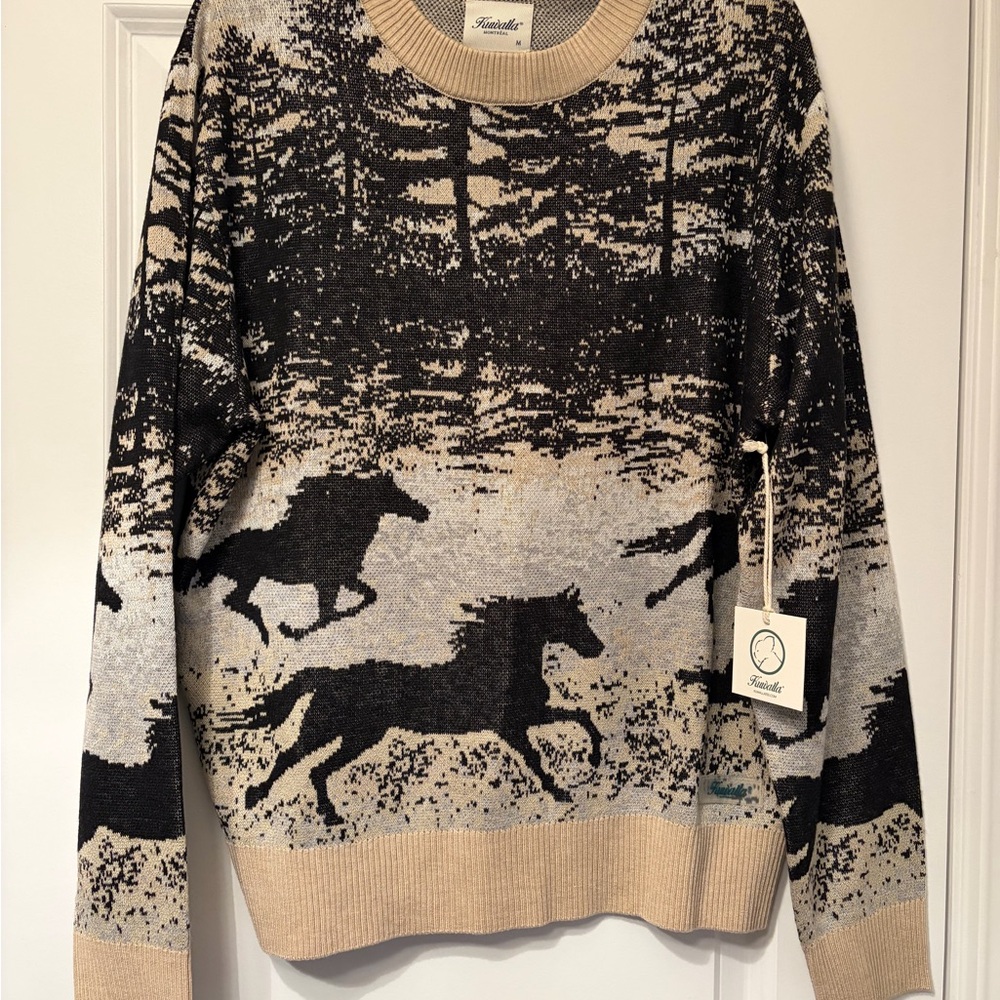 Kuwalla Black & Beige Horse-Pattern Crewneck Sweater